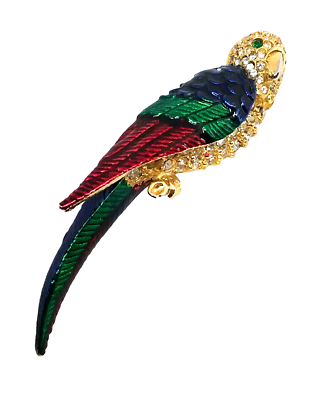 #ad Parrot Brooch Enamel Red Blue Green Rhinestone Bird Gold Tone Back 3quot; Pin $18.99