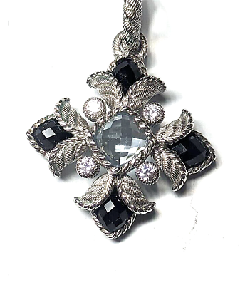 #ad Judith Ripka Sterling Silver Blue Topaz Gemstone Onyx Maltese Cross Pendant $169.90