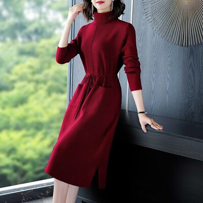 #ad Womens Elegant Turtleneck Long Sleeves Drawstring Lace Up Knitted Sweater Dress $37.89