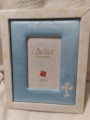 #ad RUSS quot;MY CHRISTENINGquot; I BELIEVE 4quot;X6quot; BLUE FREE STANDING FABRIC PHOTO FRAME $6.50