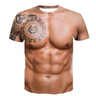 #ad Men Strong Muscle Tattoo Print Short Sleeve T Shirt 3D Digital Printing Tee Tops $14.18