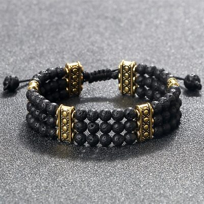 #ad 4mm Natural Stone Beads Bracelet 3 Row Yoga Energy Braided Rope Knot Bangle Gift $9.99