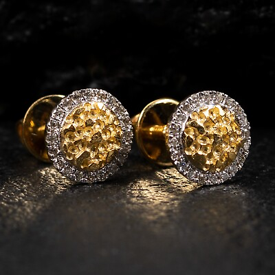 #ad Real 10K Yellow Gold Natural Diamond 0.16 Ct Iced Round Nugget Stud Earrings $255.99
