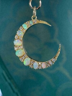 #ad 2Ct Oval Lab Created Fire Opal Diamond Moon Shape Pendant 14K White Gold Plated $93.74