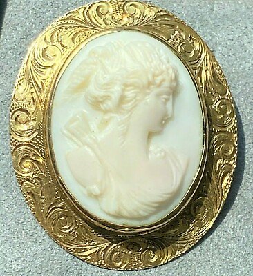 #ad 14K Yellow Gold Victorian Coral Cameo Antique Goddess Brooch Estate Fine Jewelry $1100.00