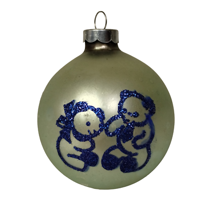 #ad Vintage Christmas Tree Ornament Glass Ball Teddy Bear Blue Glitter Made in USA $13.00
