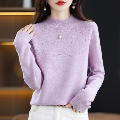 #ad Woman Slim Knitted Sweater Mock Neck Jumper Hollow Pullover Bottoming Blouse $18.88