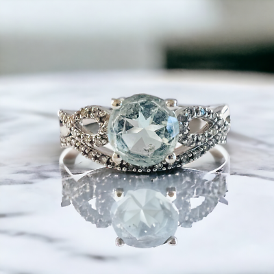 #ad 10k White Gold Aquamarine Diamond Ring Engagement Ring Sz 8.75 Anniversary Gift $450.00