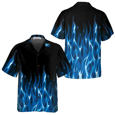#ad Blue Flame Hawaiian Shirt Short Sleeve Flame Shirt For Men Flame Print Shirt 1 $10.99