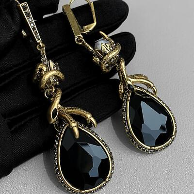 #ad Alexander McQueen Drop Earrings Women Antique Gold Tone Black Crystal Teardrop $29.00