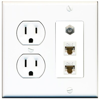 #ad 2 GANG 15 Amp Round Power Outlet Coax 2 CAT6 Combination Wall Plate White $18.51