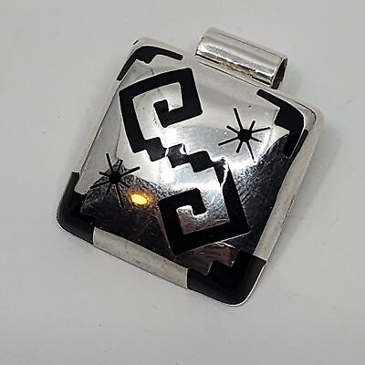#ad Vintage Taxco Mexico TC 328 Sterling Silver 925 Black Onyx Tribal Inlay Pendant $56.35