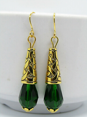 #ad Ladies Fashion Earrings Green Teardrop Gold Finish USA Handcrafted $13.49