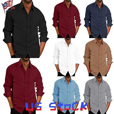 #ad Mens Long Sleeve Button Down Business Shirt Casual Loose Work Office Tops Tee $21.29