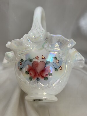 #ad Fenton Hand Painted Hearts and Flower Pearl iridescent basket Paneled Signed $78.00