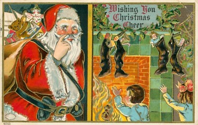 #ad Santa Claus with Children Stockings on Mantle Antique Christmas Postcard h785 $12.99
