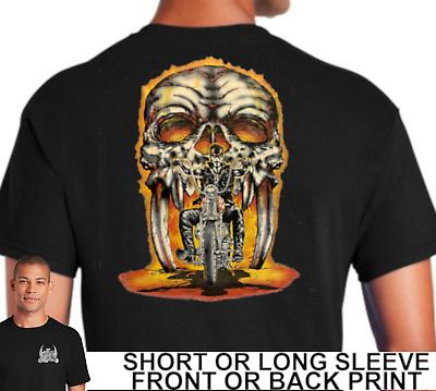 #ad American Biker Riding Custom Chopper Motorcycle Skull With Fangs Mens T Shirt $18.08