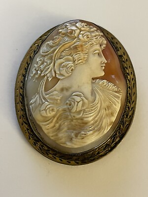 #ad Antique Large Portrait Shell Cameo Sterling Silver Vermeil Ornate $427.50