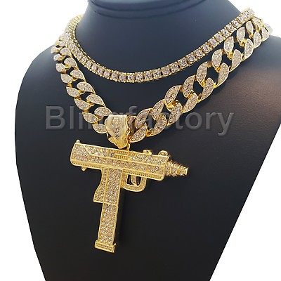 #ad Hip Hop Uzi Machine Gun w 18quot; Full Iced Cuban amp; 1 ROW DIAMOND Choker Chain Set $20.99