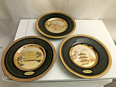 #ad 3 pcs Japan 24K Gold Silver Trinket Dish The Art of Chokin Temple PagodaFlamingo $29.95