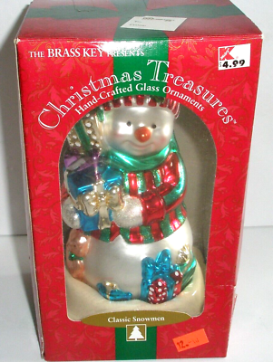 #ad Brass Key Christmas Treasures Classic Snowmen Glass Ornament Hand Crafted $13.00