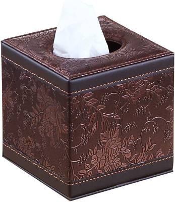 #ad Tissue Box Holder Leather Brown Square Facial Box Cover Pumping Paper Case $18.61
