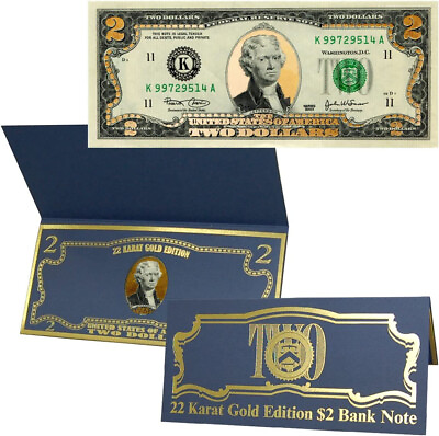 #ad 22k Gold Layered Uncirculated Two Dollar Bill Special Edition Collectible $19.95
