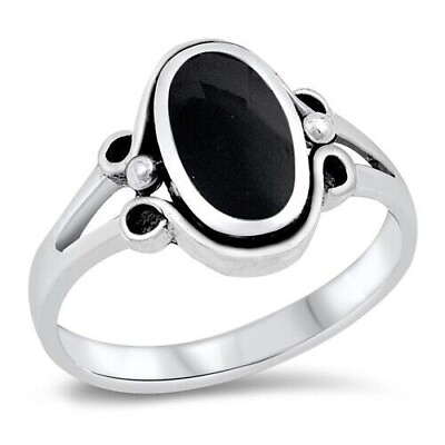 #ad Oval Ring Black Agate Genuine Sterling Silver 925 Height 13 mm Sizes 5 12 $18.98