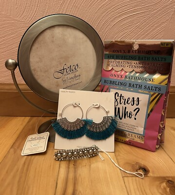 #ad #ad NEW Lot Of Women’s Gift Basket Items Frame Earrings Bath Salts Barrette $15.00