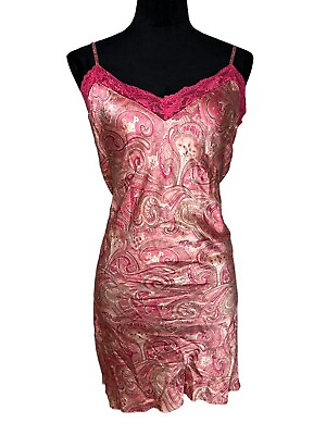 #ad August Silk Intimates Silk Pink Lace Spaghetti Strap Night Gown Slip Dress sz M $29.99