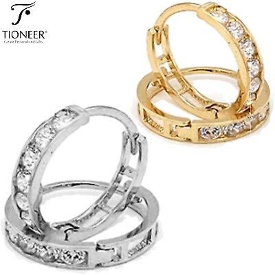 #ad 14K Yellow or White Gold with One Row 7 CZ Round Cut Huggies 13mm Hoop Earrings $80.19