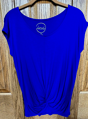 #ad Macy#x27;s Brand INC Womens Blue Twist Front Short Sleeve Scoop Neck Shirt Top Sz PM $12.00