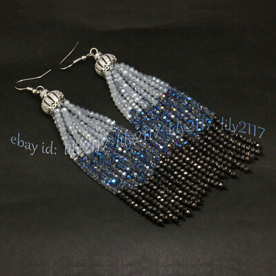 #ad Faceted Multicolor Crystal Rondelle Gems Beads Tassel Dangle Silver Hook Earring $10.61