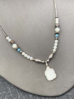 #ad Vintage ￼ Necklace Carved Mother Of Pearl Turtle Turquoise Beaded Pendant ￼16” $16.50