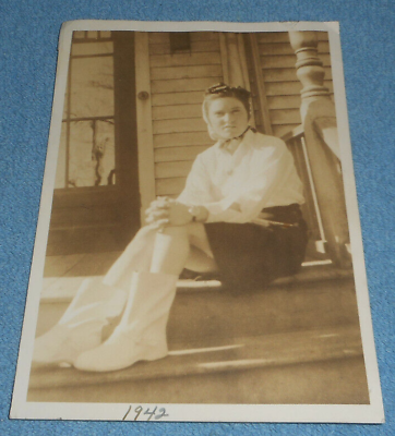 #ad 1942 Photo Lady In Dress amp; Boots Sits On Front Steps of House Unknown Location $7.73