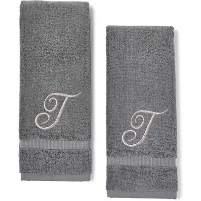 Monogrammed Hand Towels Letter T Embroidered Gift 16 x 30 in Grey Set of 2 $18.99