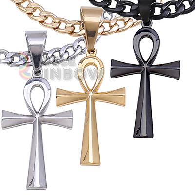 Men#x27;s Stainless Steel Egyptian Ankh Necklace Cross Pendant Cuban 18 36quot;Chain*P47 $12.23