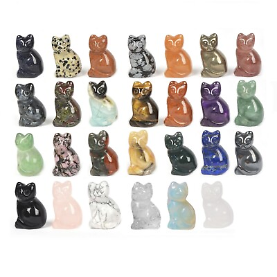 #ad 30mm Gemstone Carved Animal Small Kitten Crystal Mini Cute Sit Cat Figurine $15.99