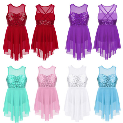 #ad Girls Dance Leotard Dress Sleeveless Sequins Vest Soild Kids Irregular Skirts $13.39
