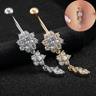 #ad CZ Flower Belly Button Ring Surgical Steel Dangle Navel Bar Barbell Piercing 14g $3.99