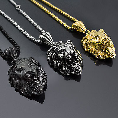 #ad Silver Gold Black Tone Fashion Men#x27;s Lion Stainless Steel Pendant Necklace $8.39