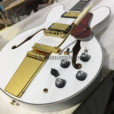 #ad Custom 335 Electric Guitar Alpine White Semi Hollow Body Vibrato Gold Hardware $199.03