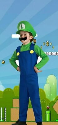 #ad Halloween Kids Mario Bros Luigi Cosplay Plumber Costume Size Large Green NEW $14.99