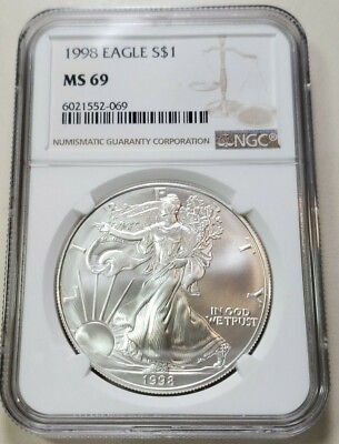 #ad 1998 American Silver Eagle NGC MS69 Bright White No Spots Fresh New Holder $54.49