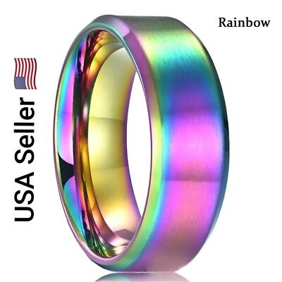 #ad New 8MM Simple Unisex Stainless Steel Ring Rainbow Matte Finish Beveled Edge $5.99