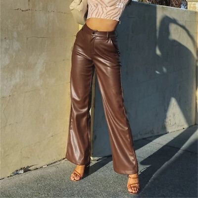 #ad Europe Women Slim Solid Color Leather Pants High Waisted Casual Boot cut Pants $46.97