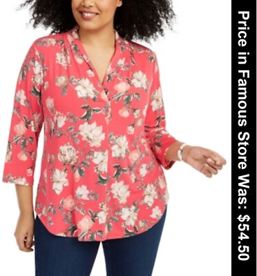 #ad Charter Club Plus Size Floral Print Pleated Neck Top 2X $29.99