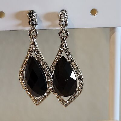 #ad Woman#x27;s Pierced Earrings Teardrop Black Faceted Stone Crystals Silver 1 in. drop $7.20