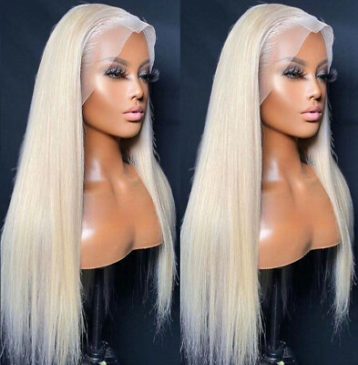 #ad US 24 inch Synthetic Hair Lace Front Wigs Women Straight Platinum Blonde Natural $24.57