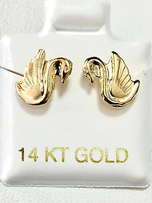 #ad Solid 14k Yellow Gold studs earring Swan Shape Cute Ear Swans set dangle Stud $40.00